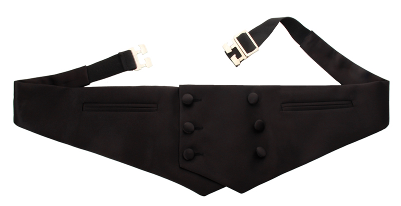 Bräutigamaccessoires Kummerbund in schwarzem Satin-Stoff, Zierknöpfe und Paspeln